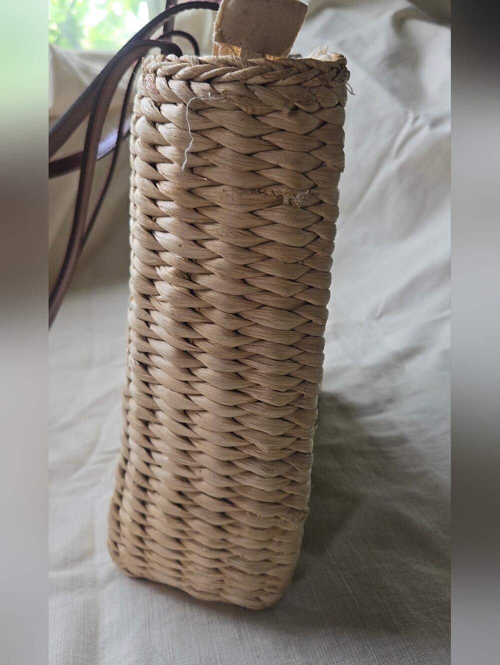 Woven Straw Tote with Floral Motif - Brown Straps - Picture 5 of 8